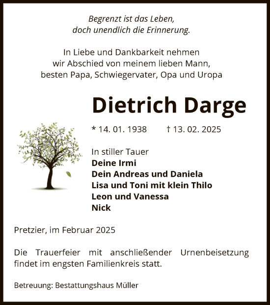 Traueranzeige von Dietrich Darge von UEL