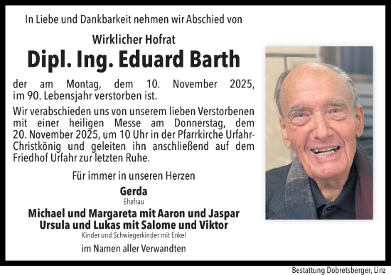 Traueranzeige von Eduard Barth von OÖNachrichten