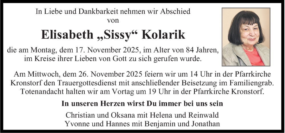  Traueranzeige für Elisabeth Kolarik vom 21.11.2025 aus OÖNachrichten