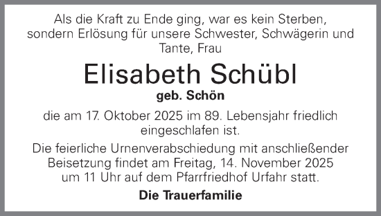 Traueranzeige von Elisabeth Schübl von OÖNachrichten