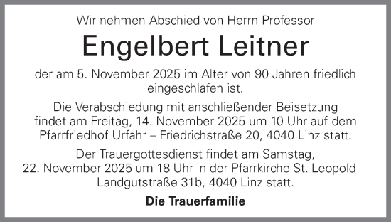 Traueranzeige von Engelbert Leitner von OÖNachrichten