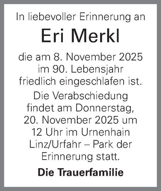 Traueranzeige von Eri Merkl von OÖNachrichten