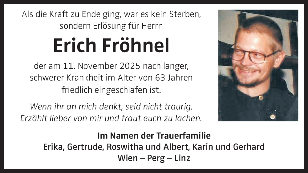  Traueranzeige für Erich Fröhnel vom 21.11.2025 aus OÖNachrichten