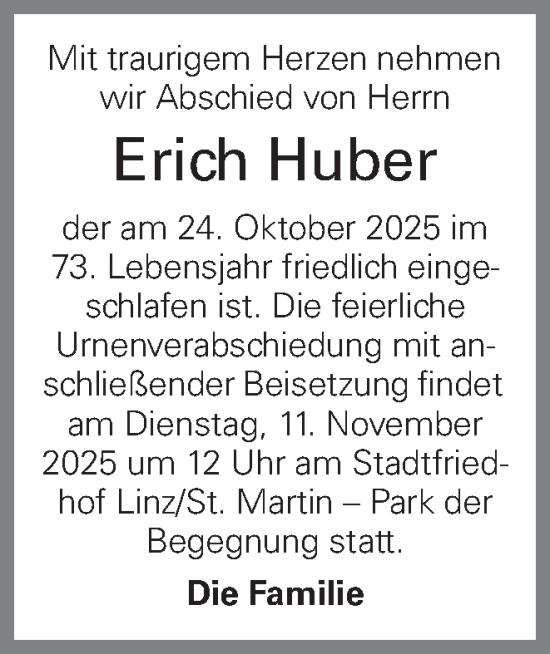 Traueranzeige von Erich Huber von OÖNachrichten