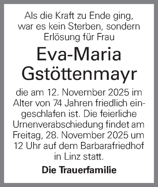 Traueranzeige von Eva-Maria Gstöttenmayr von OÖNachrichten
