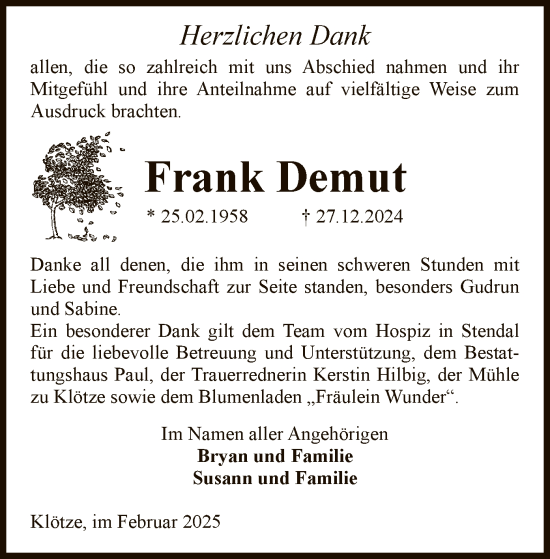 Traueranzeige von Frank Demut von UEL