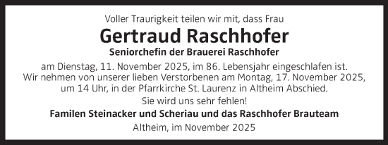 Traueranzeige von Gertraud Raschhofer von OÖNachrichten