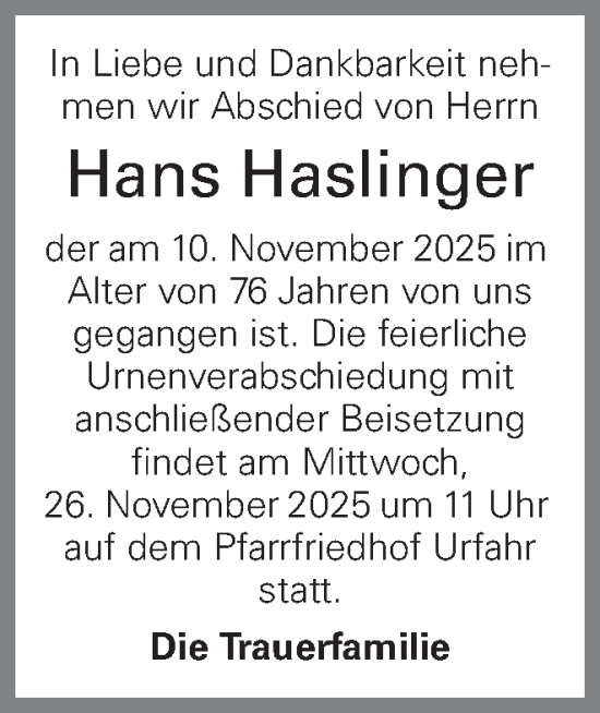 Traueranzeige von Hans Haslinger von OÖNachrichten