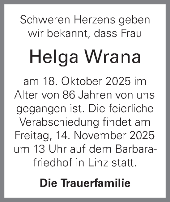 Traueranzeige von Helga Wrana von OÖNachrichten