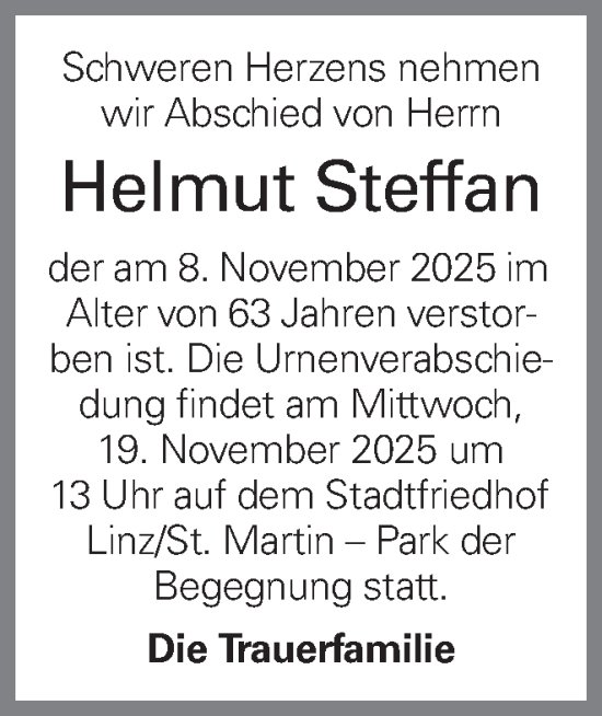 Traueranzeige von Helmut Steffan von OÖNachrichten