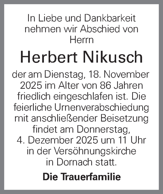 Traueranzeige von Herbert Nikusch von OÖNachrichten