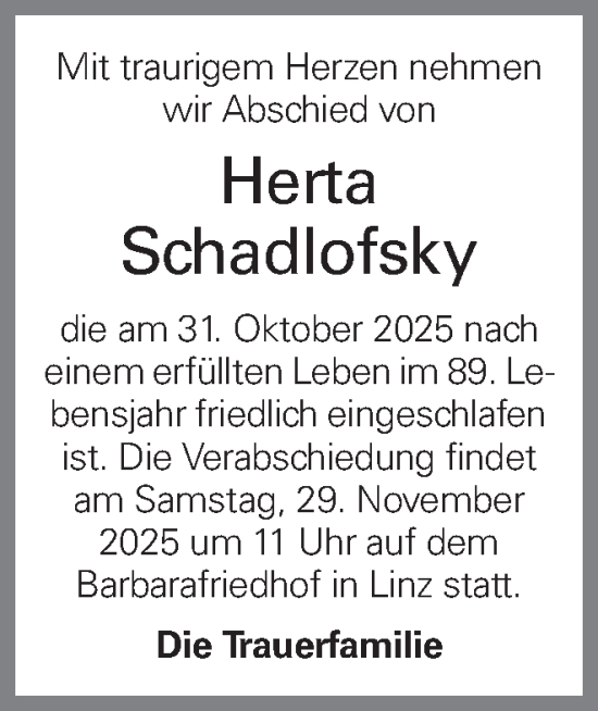 Traueranzeige von Herta Schadlofsky von OÖNachrichten