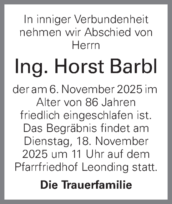 Traueranzeige von Horst Barbl von OÖNachrichten