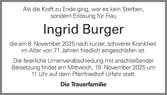 Traueranzeige von Ingrid Burger von OÖNachrichten