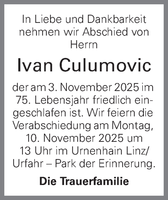 Traueranzeige von Ivan Culumovic von OÖNachrichten