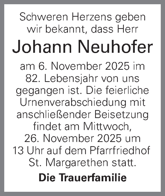 Traueranzeige von Johann Neuhofer von OÖNachrichten