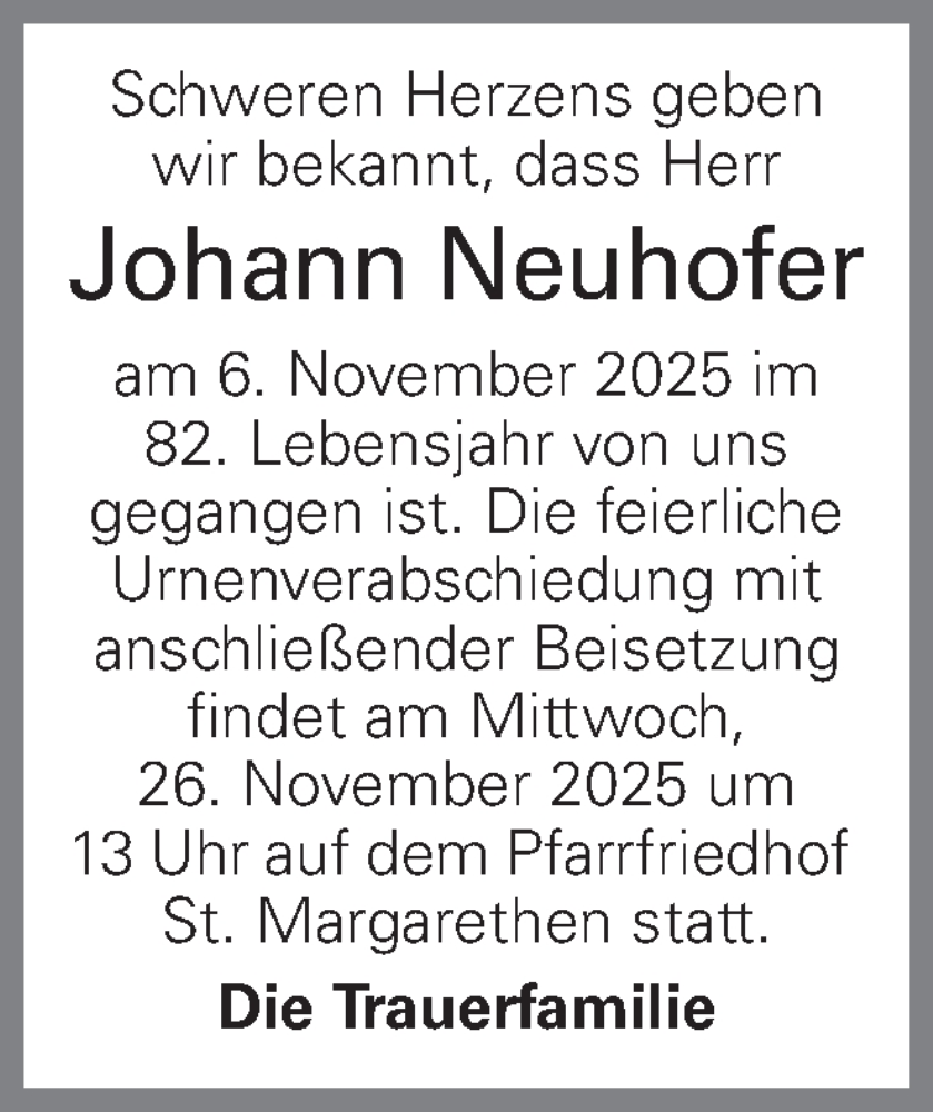  Traueranzeige für Johann Neuhofer vom 19.11.2025 aus OÖNachrichten