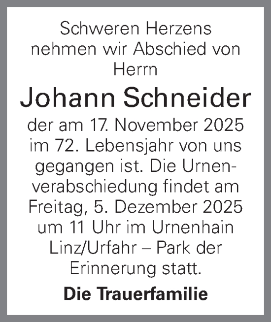 Traueranzeige von Johann Schneider von OÖNachrichten