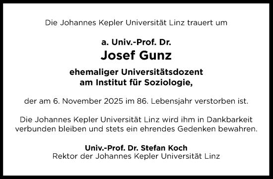 Traueranzeige von Josef Gunz von OÖNachrichten