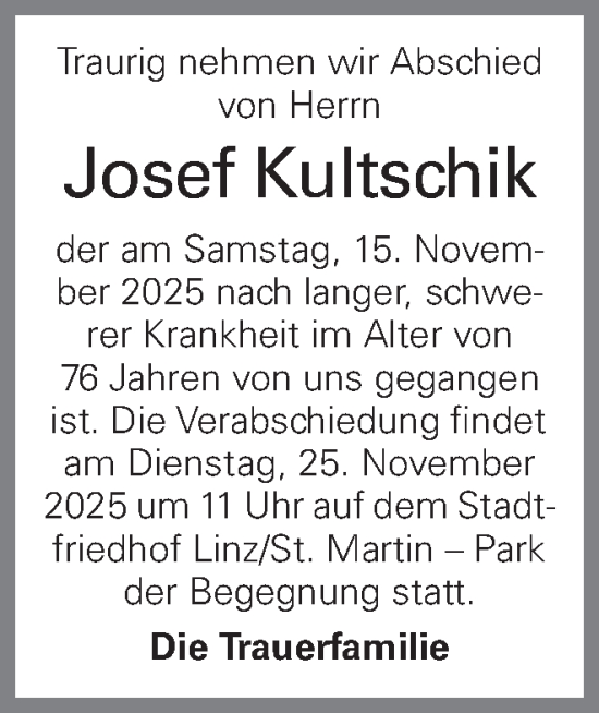 Traueranzeige von Josef Kultschik von OÖNachrichten