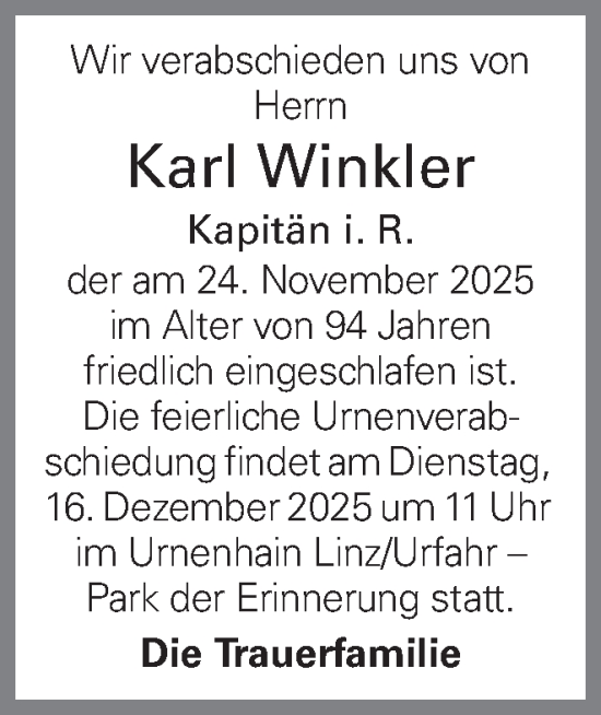 Traueranzeige von Karl Winkler von OÖNachrichten