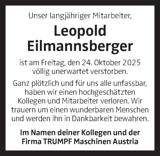 Traueranzeige von Leopold Eilmannsberger von OÖNachrichten