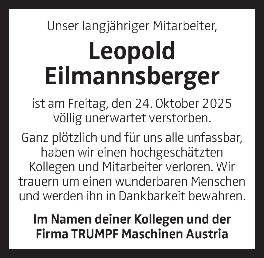  Traueranzeige für Leopold Eilmannsberger vom 15.11.2025 aus OÖNachrichten