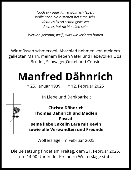 Traueranzeige von Manfred Dähnrich von UEL