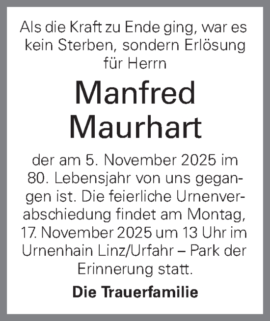 Traueranzeige von Manfred Maurhart von OÖNachrichten