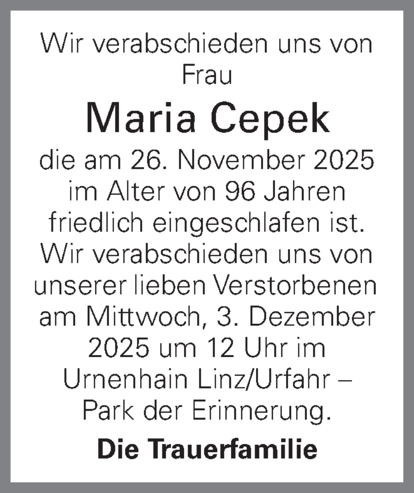  Traueranzeige für Maria Cepek vom 29.11.2025 aus OÖNachrichten
