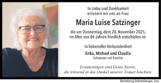 Traueranzeige von Maria Luise Satzinger von OÖNachrichten
