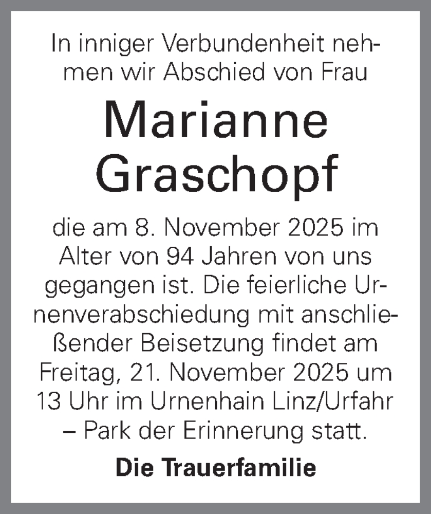  Traueranzeige für Marianne Graschopf vom 15.11.2025 aus OÖNachrichten