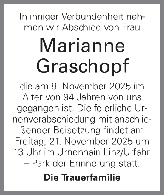 Traueranzeige von Marianne Graschopf von OÖNachrichten