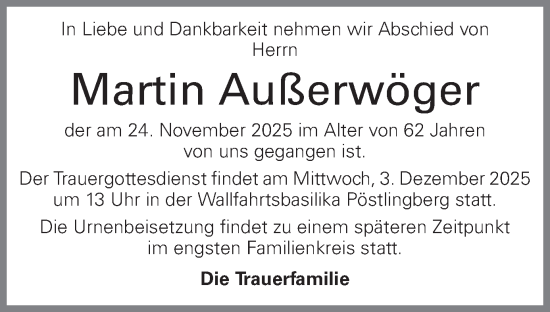 Traueranzeige von Martin Außerwöger von OÖNachrichten