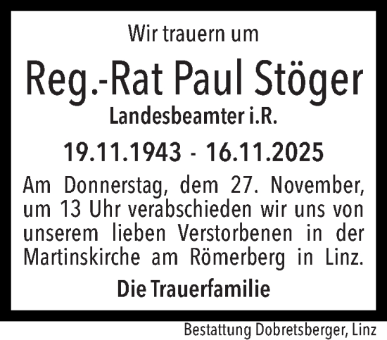 Traueranzeige von Paul Stöger von OÖNachrichten