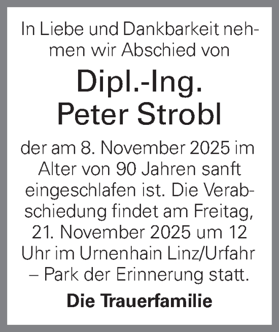 Traueranzeige von Peter Strobl von OÖNachrichten