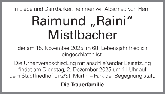 Traueranzeige von Raimund Mistlbacher von OÖNachrichten