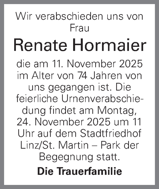 Traueranzeige von Renate Hormaier von OÖNachrichten