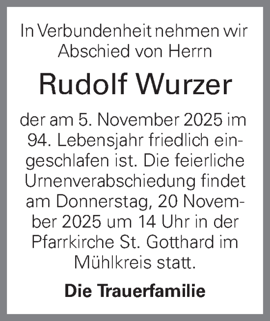 Traueranzeige von Rudolf Wurzer von OÖNachrichten