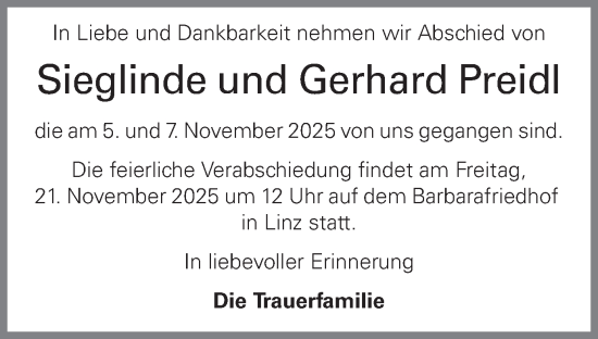 Traueranzeige von Sieglinde und Gerhard Preidl von OÖNachrichten