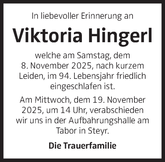 Traueranzeige von Viktoria Hingerl von OÖNachrichten