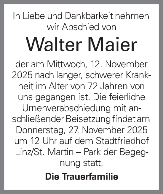 Traueranzeige von Walter Maier von OÖNachrichten
