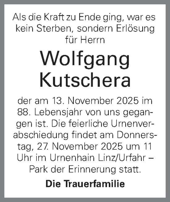 Traueranzeige von Wolfgang Kutschera von OÖNachrichten