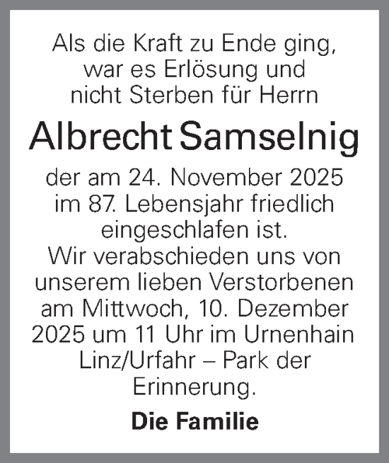Traueranzeige von Albrecht Samselnig von OÖNachrichten
