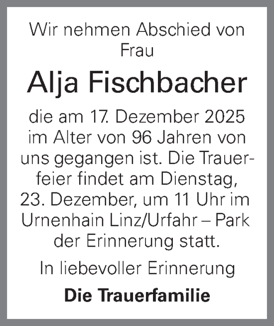 Traueranzeige von Alja Fischbacher von OÖNachrichten