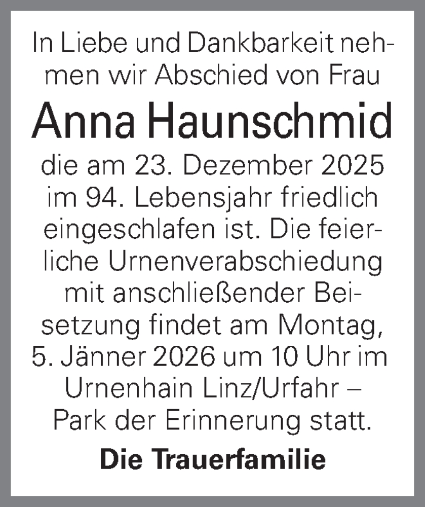  Traueranzeige für Anna Haunschmid vom 31.12.2025 aus OÖNachrichten