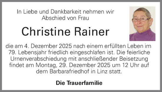 Traueranzeige von Christine Rainer von OÖNachrichten