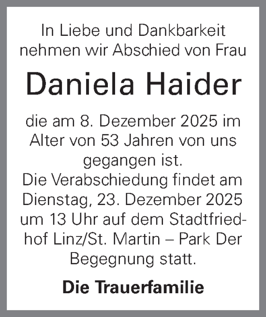 Traueranzeige von Daniela Haider von OÖNachrichten