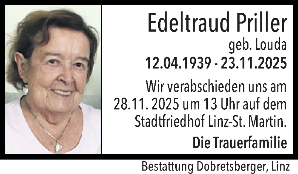  Traueranzeige für Edeltraud Priller vom 27.11.2025 aus OÖNachrichten