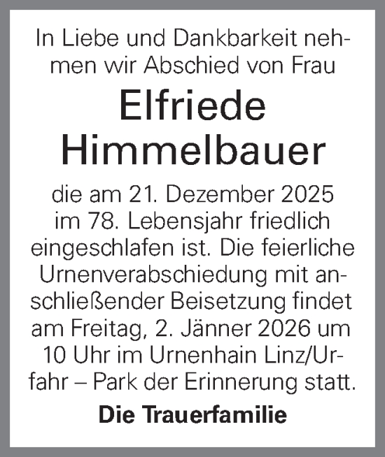 Traueranzeige von Elfriede Himmelbauer von OÖNachrichten